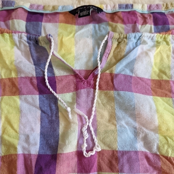TOMMY HILFIGER colourful plaid peasant blouse top women's large - Picture 2 of 9